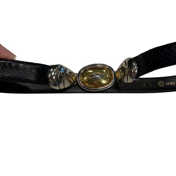 Dame VTG Y2K Black Genuine Snakeskin Belt Silver Tone Gold Tone Oval Buckle Sz S main image 14